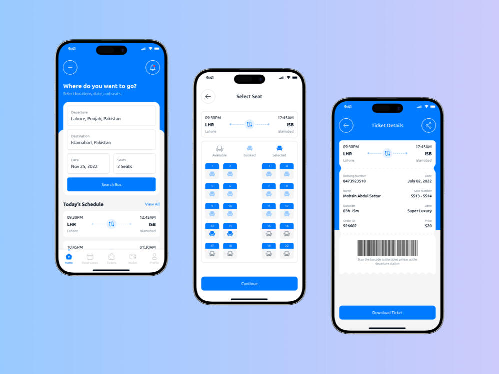 UI/UX Design for SwiftSeat – Bus ticket booking app with seat selection, route search, and booking flow UI/UX Design for SwiftSeat – Bus ticket booking app with seat selection, route search, and booking flow