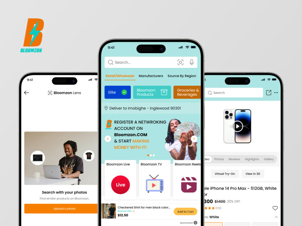 Live mobile UI for Bloomzon – E-commerce app featuring product listings, cart, and checkout flow Live mobile UI for Bloomzon – E-commerce app featuring product listings, cart, and checkout flow